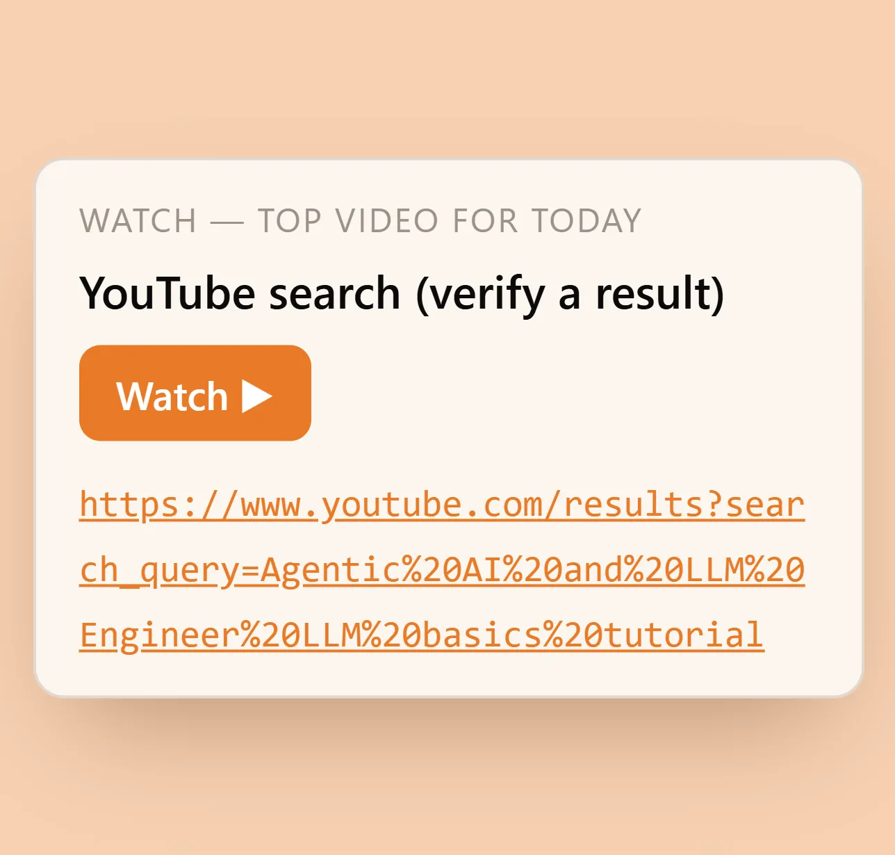 EduOrchestrate - the offline Watch card: YouTube search (verify a result), above its search URL