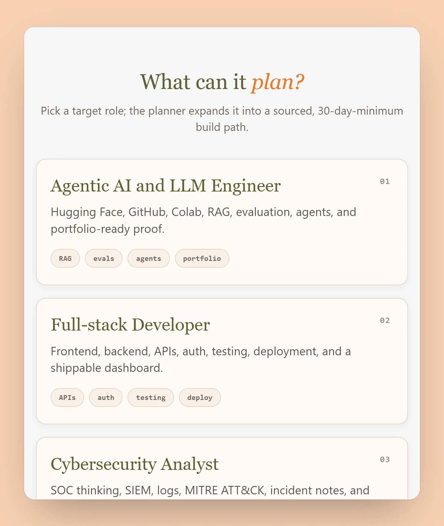 The home page's role picker, What can it plan?: Agentic AI and LLM Engineer, Full-stack Developer and Cybersecurity Analyst, each with its focus and tags.
