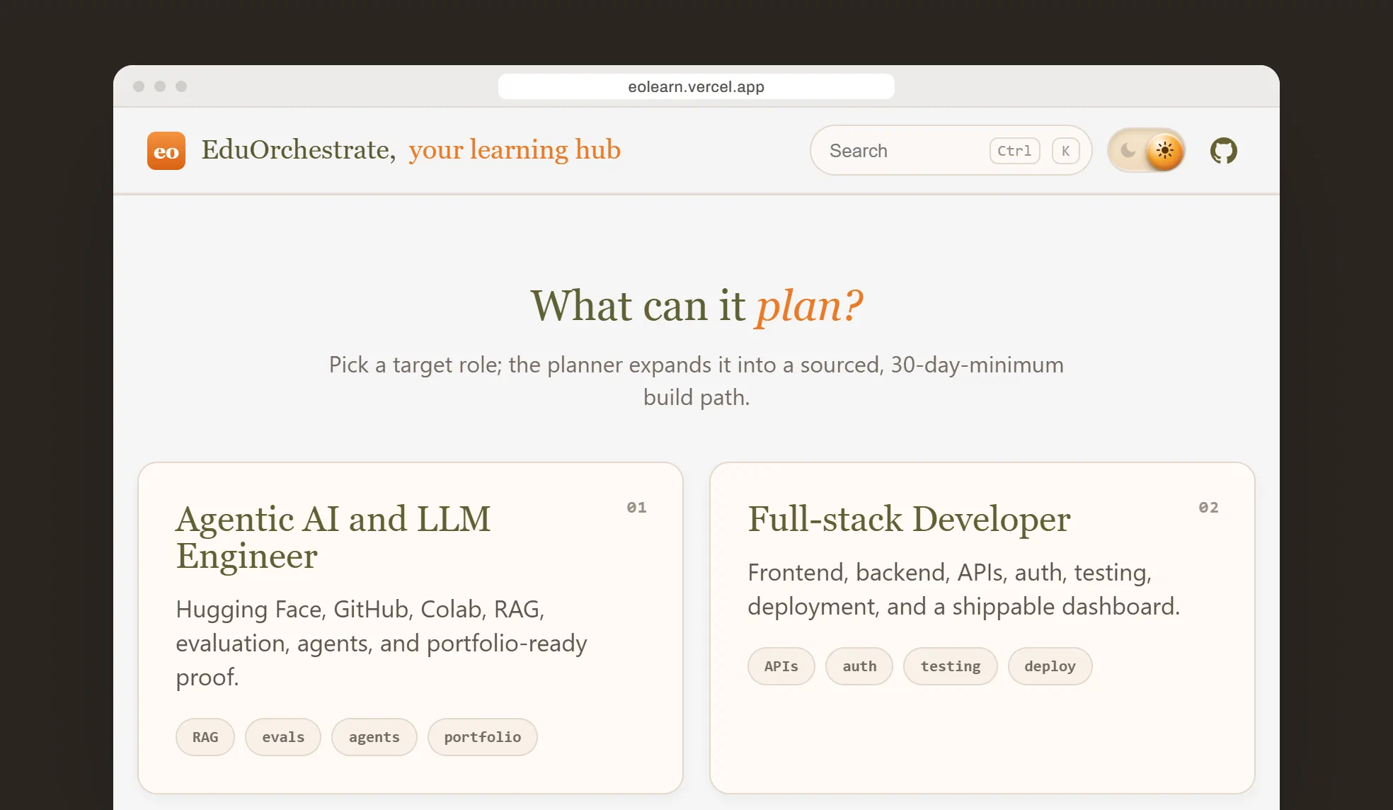 EduOrchestrate - eolearn.vercel.app on its What can it plan? section, with the first 2 of 4 role blueprints