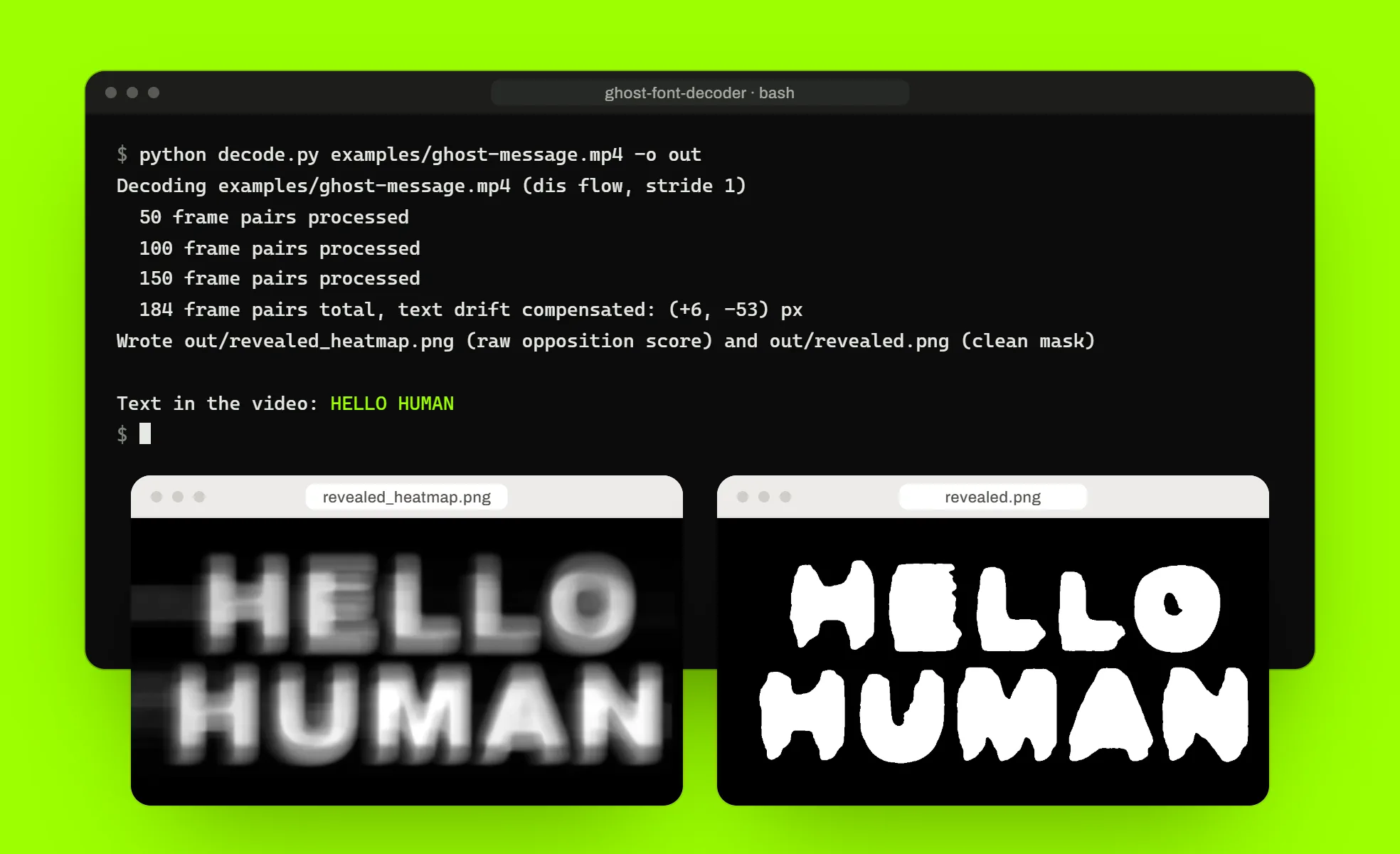A terminal running python decode.py on the example clip, ending in Text in the video: HELLO HUMAN, with the clean mask it wrote open below, on the product's lime. The wider view also shows the 184 frame pairs, the (+6, -53) px drift and the heatmap