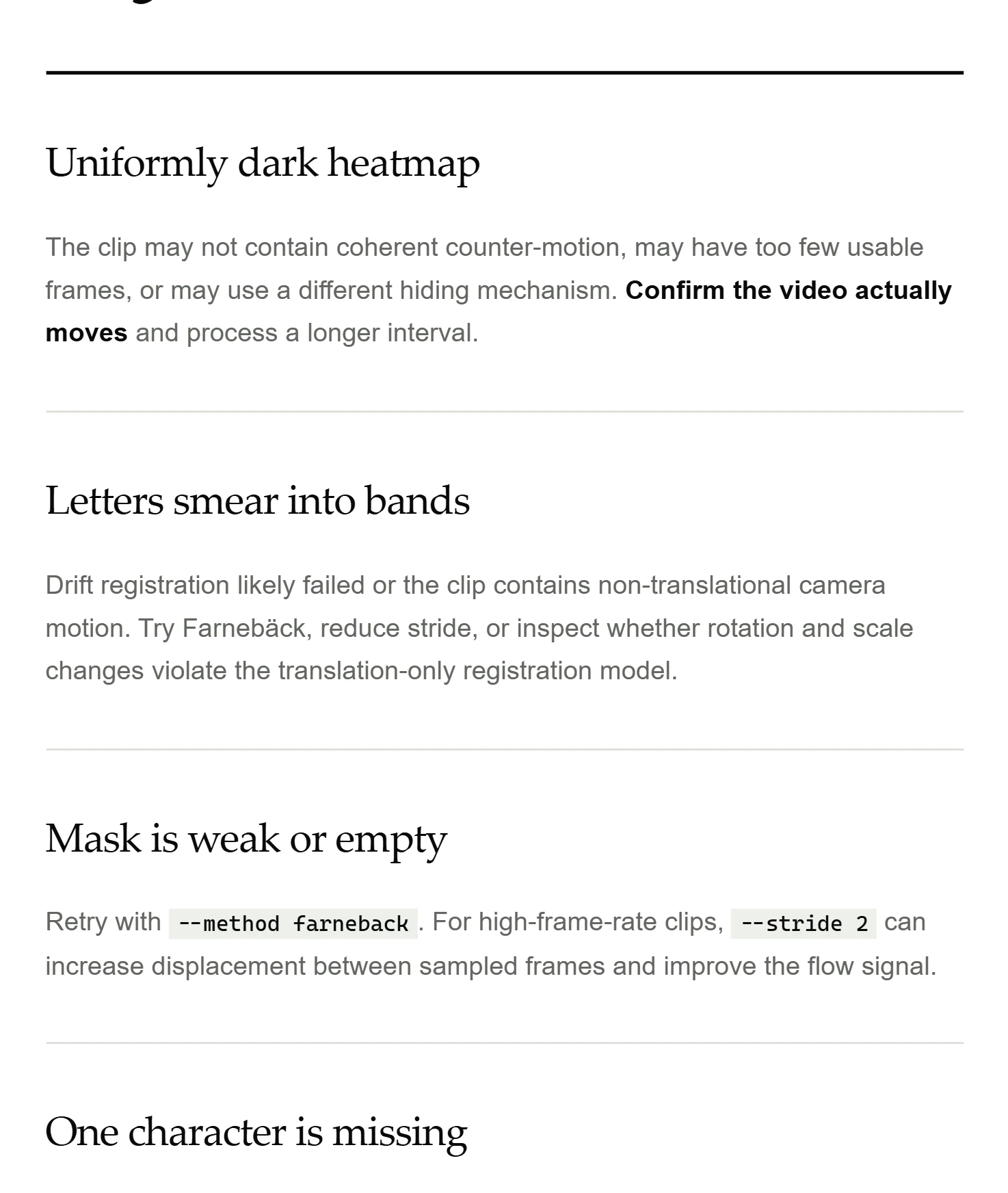 The docs' Failure modes: a uniformly dark heatmap, letters that smear into bands, a weak or empty mask, each with what to try next.