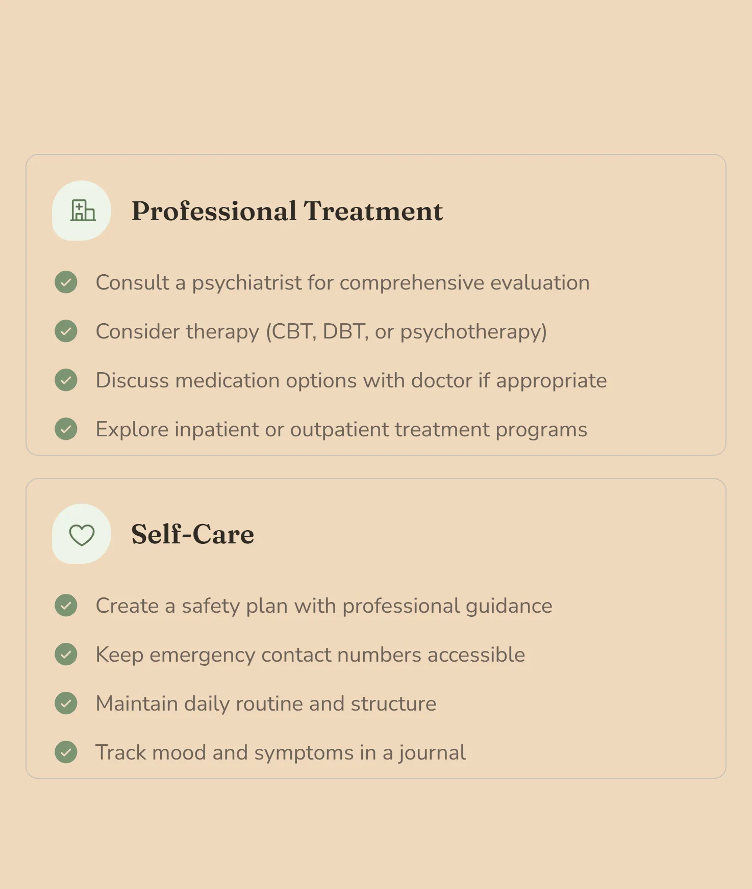 More of the High guidance: Professional Treatment, from a psychiatrist's evaluation to therapy, and Self-Care, from a safety plan to a mood journal.