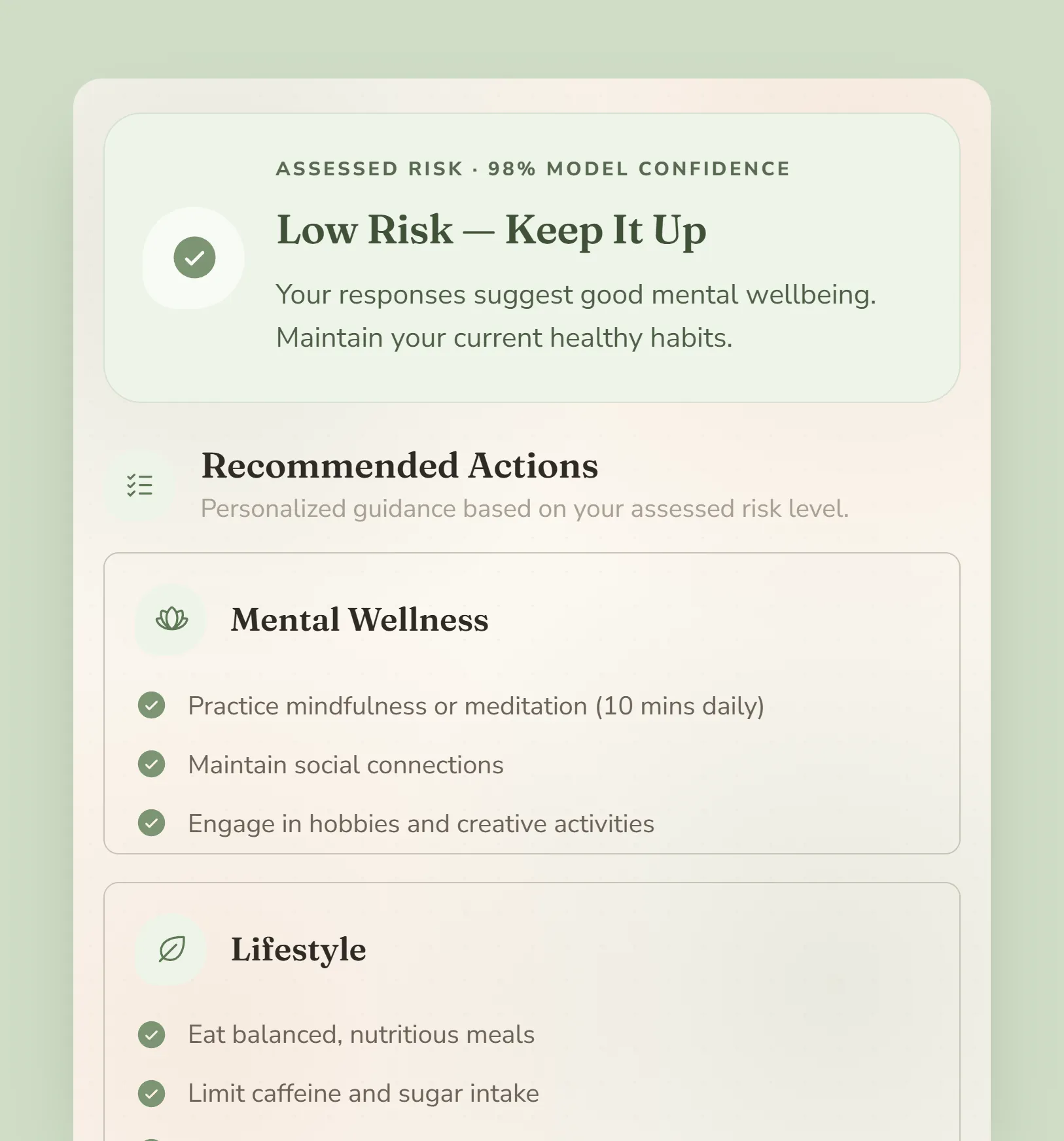 A Low result on sage: the Keep It Up banner at 98% model confidence, then the Mental Wellness and Lifestyle cards.