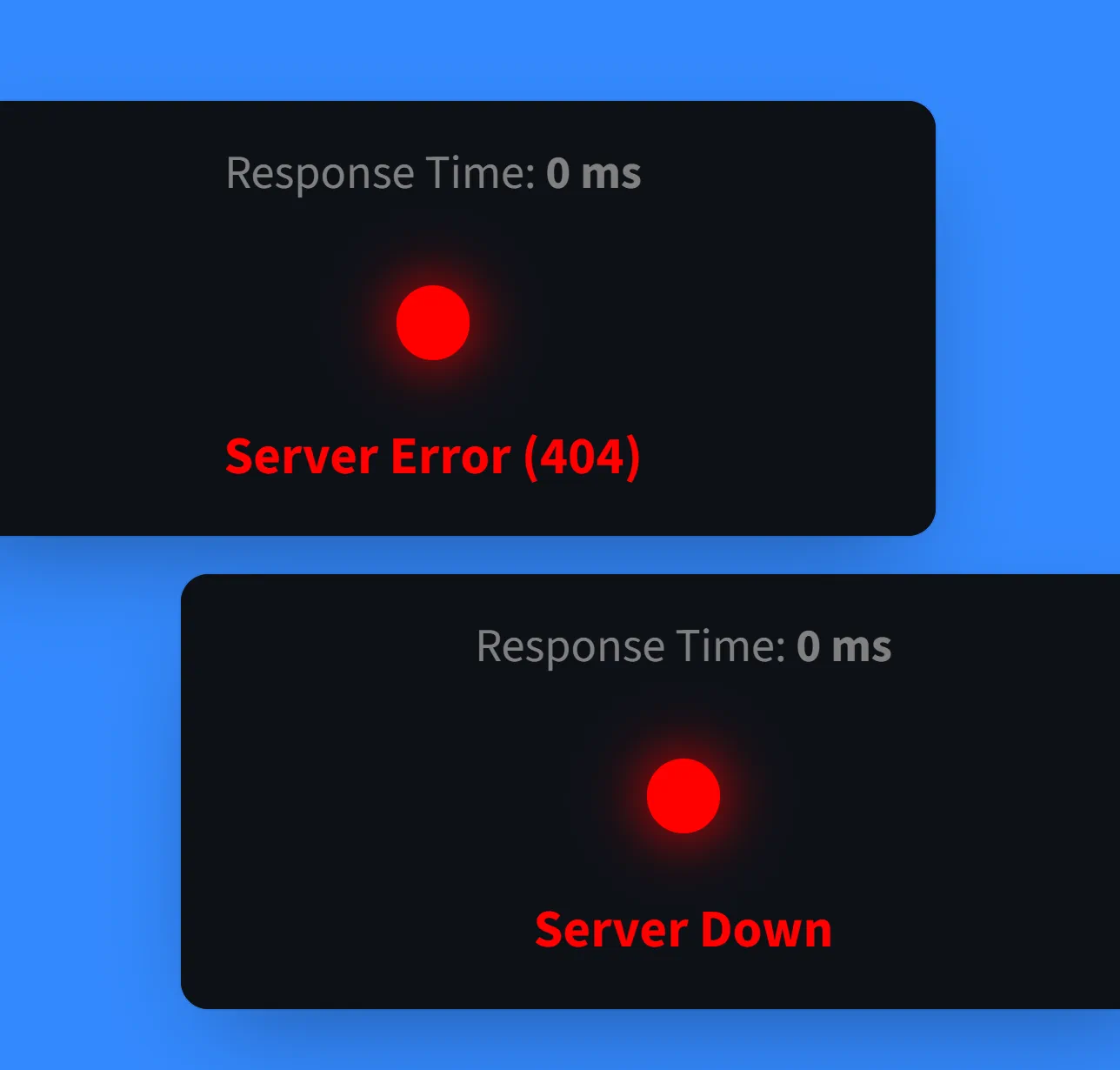 The two red states up close: Server Error (404) and Server Down, both at Response Time 0 ms.