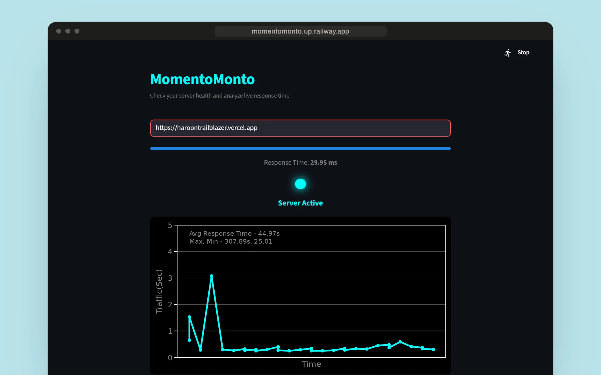 MomentoMonto at momentomonto.up.railway.app checking haroontrailblazer.vercel.app: 29.95 ms, Server Active and the live chart.