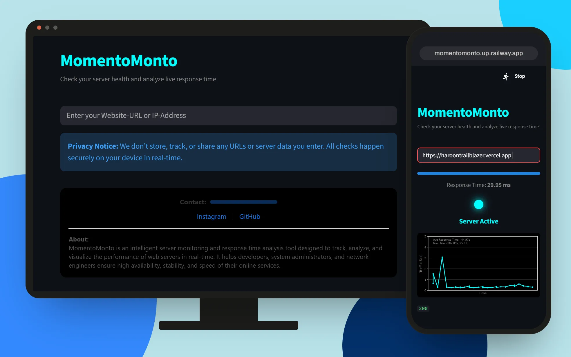 MomentoMonto as shipped: the landing page with its Privacy Notice, and a live check reading 29.95 ms.