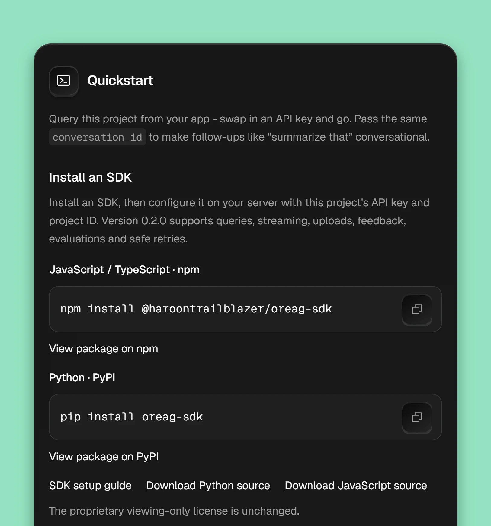 Oreag - Quickstart, Install an SDK: npm install @haroontrailblazer/oreag-sdk and pip install oreag-sdk, version 0.2.0, with the setup guide and source downloads.