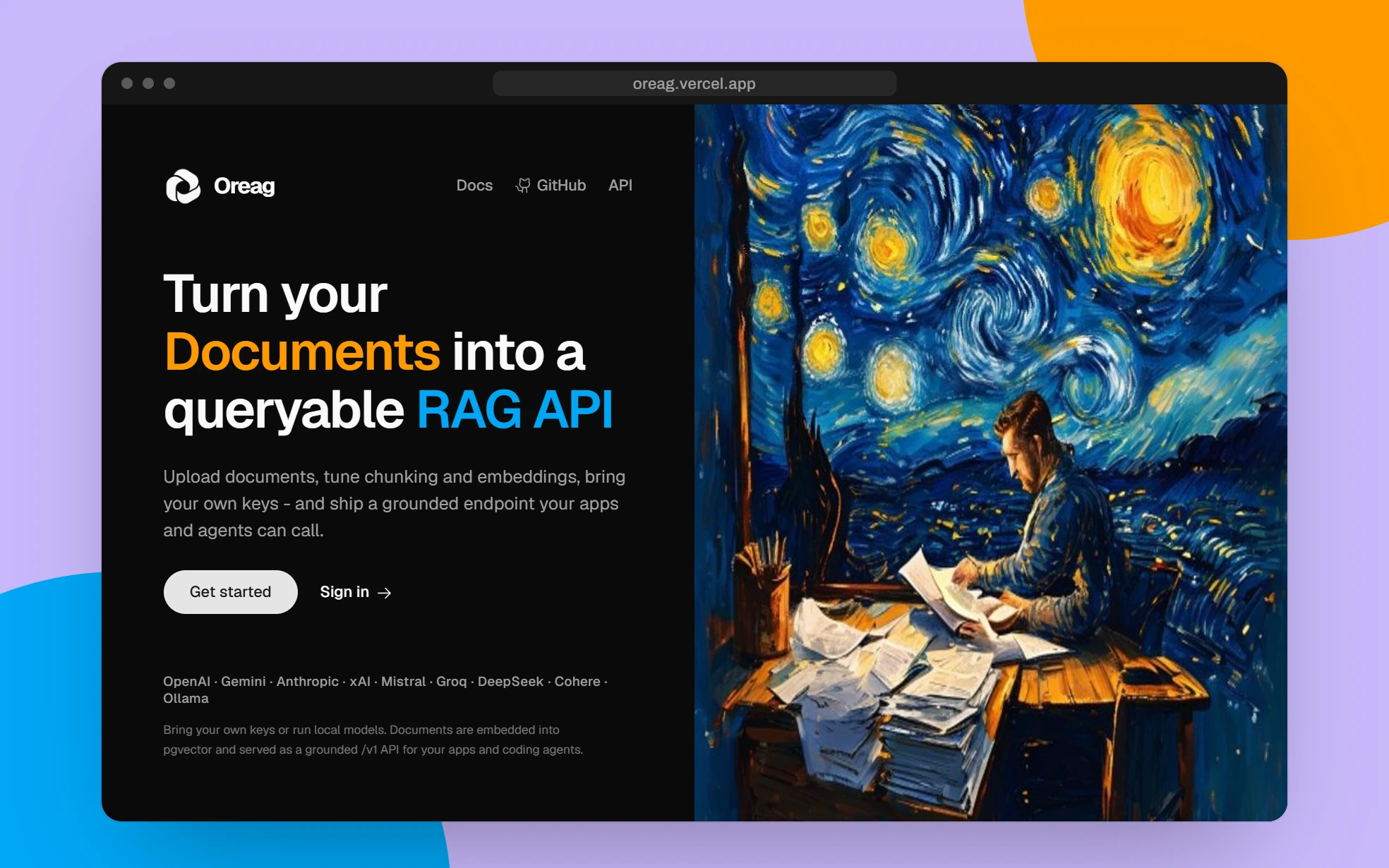Oreag - the live landing page at oreag.vercel.app: "Turn your Documents into a queryable RAG API".