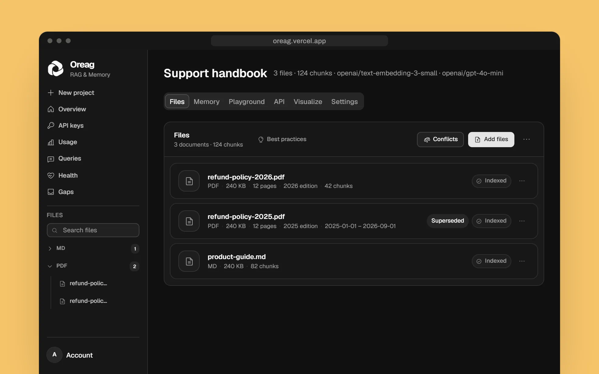 Oreag - the Files tab of the docs sample project "Support handbook": 3 files indexed, the 2025 refund policy marked "Superseded".