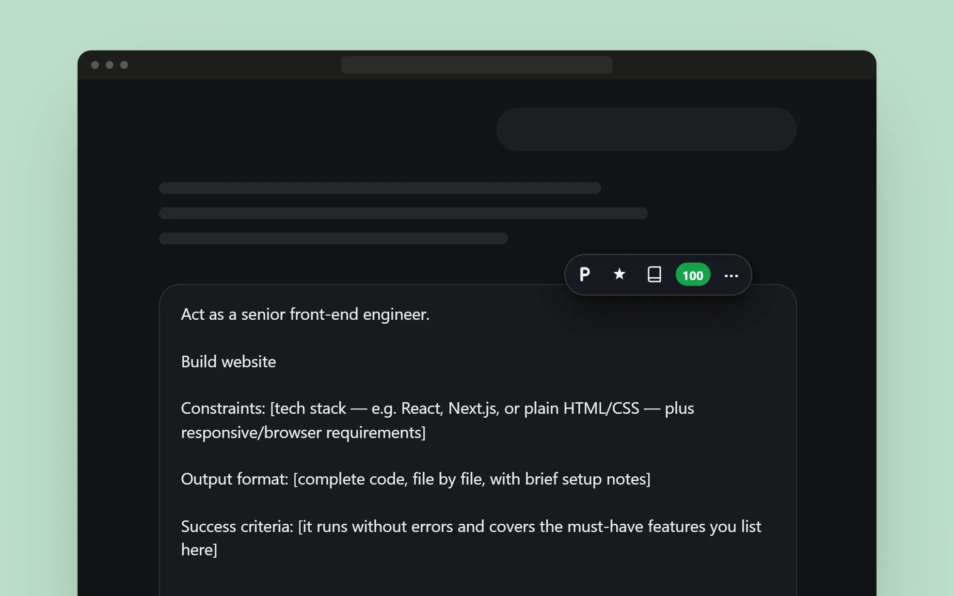 After Accept: the rewritten prompt fills the chat box and the toolbar chip reads a green 100.