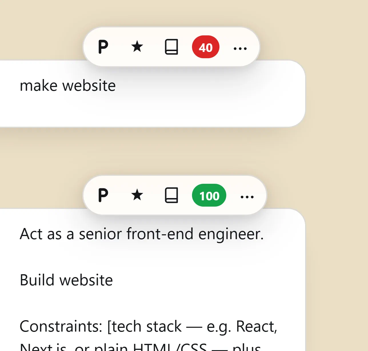 The toolbar twice: a red 40 above "make website" and a green 100 above the accepted rewrite.