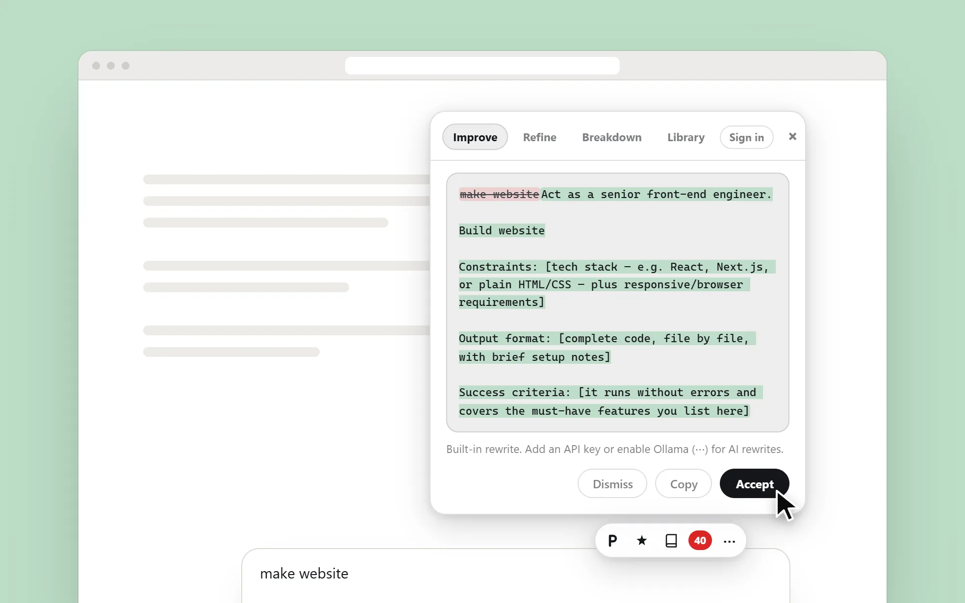 The Improve tab in light mode: "make website" struck out and the built-in rewrite added as a diff, with Dismiss, Copy and Accept.