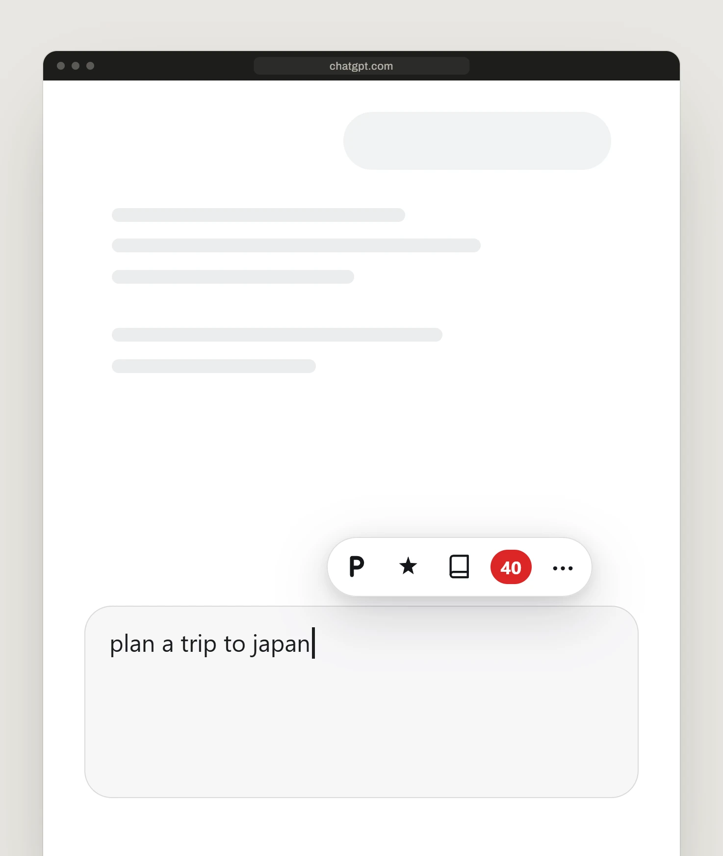 Promptly on chatgpt.com: the toolbar above the chat box scores plan a trip to japan 40, in red, next to its Improve and Library buttons.