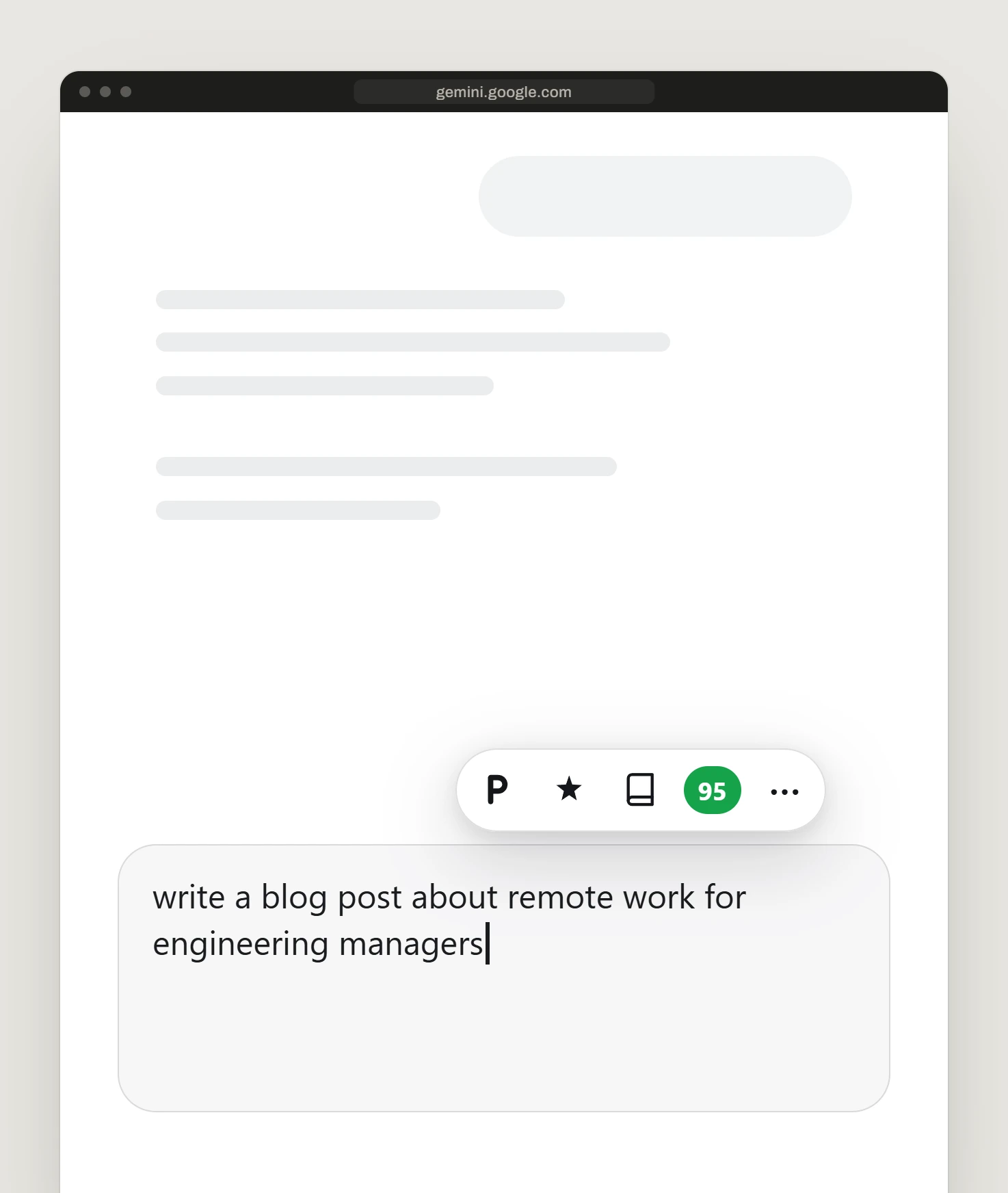 Promptly on gemini.google.com: a longer prompt, write a blog post about remote work for engineering managers, scores 95 in green.