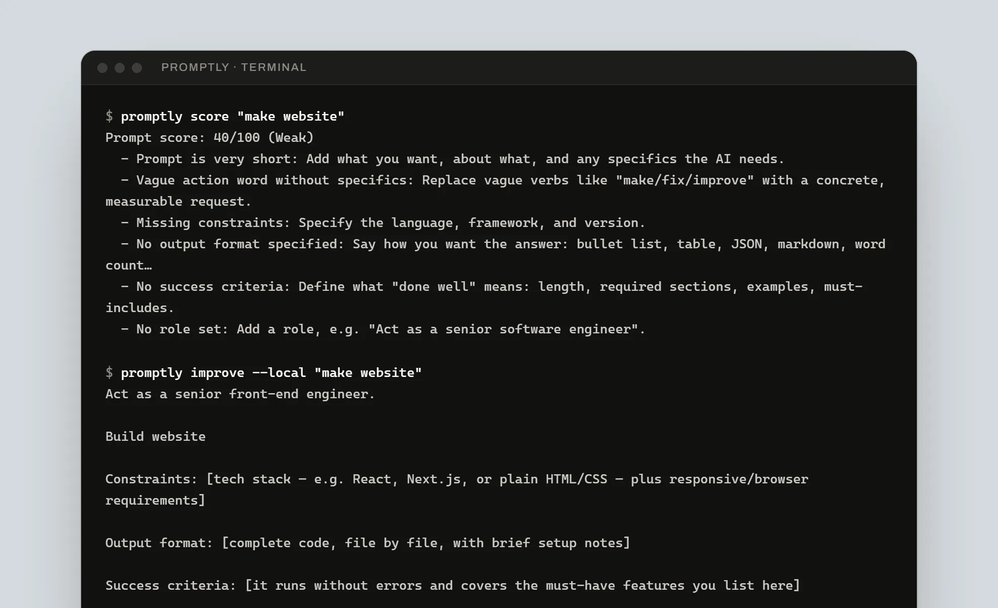 A terminal: "promptly score" rates "make website" 40/100, Weak, with six findings, and "promptly improve --local" prints the same rewrite the extension shows.