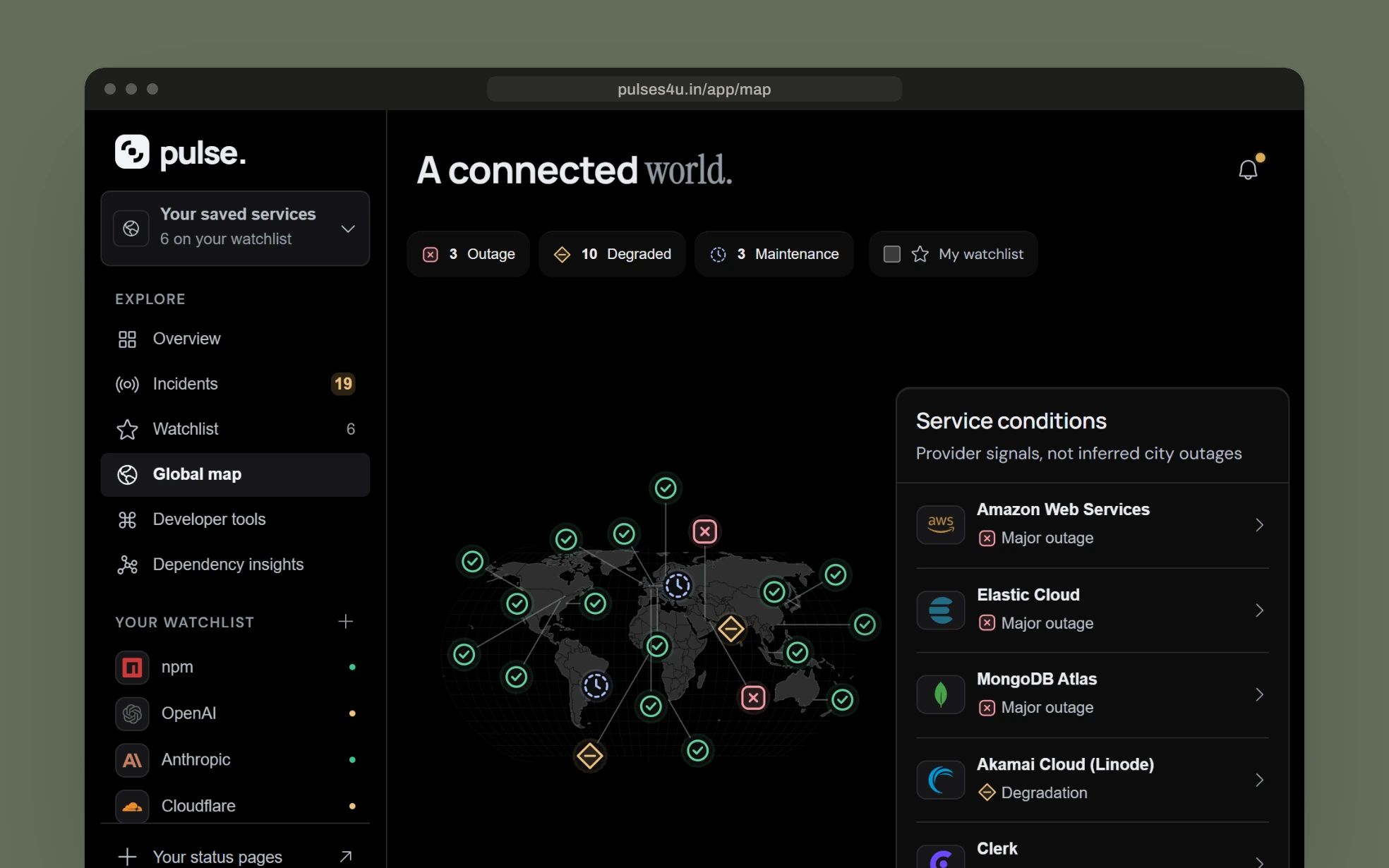 The Global map in dark mode, same reading: 3 outage, 10 degraded and 3 maintenance chips, pins on named hubs, and the Service conditions panel, headed Provider signals, not inferred city outages.
