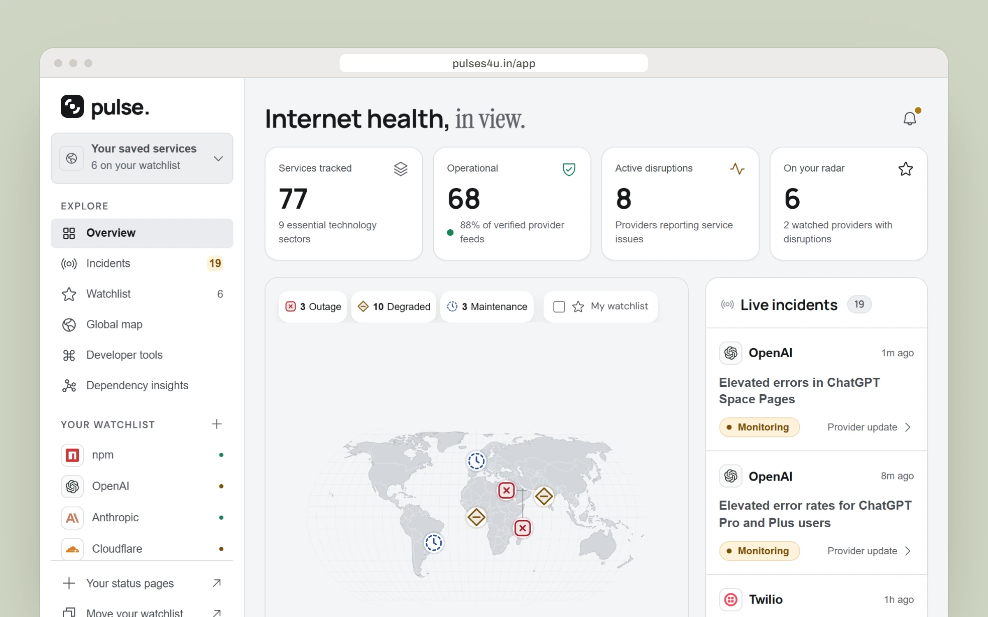 The Pulse Overview in light mode, reading of September 30, 2026: 77 services tracked, 68 operational, 8 active disruptions and 6 on your radar, the incident map with 3 outage, 10 degraded and 3 maintenance chips over the globe, and Live incidents, 19.