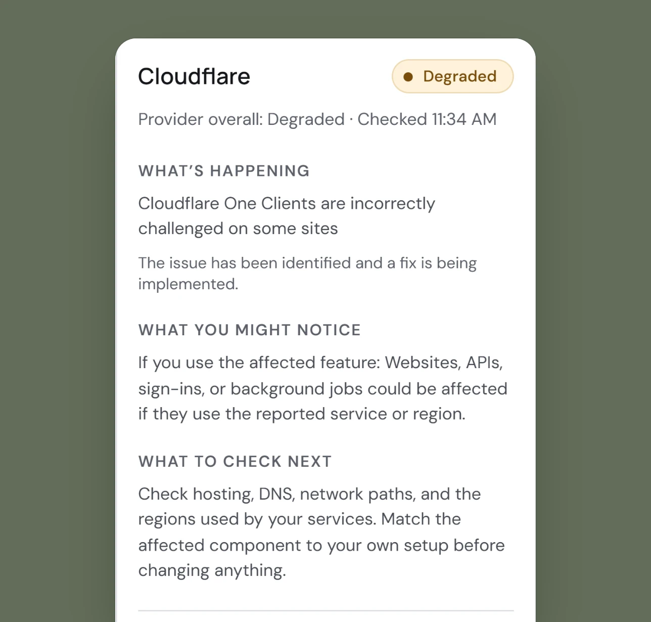 A Dependency insights card for Cloudflare, Degraded: What's happening, Cloudflare One Clients are incorrectly challenged on some sites; What you might notice; What to check next.