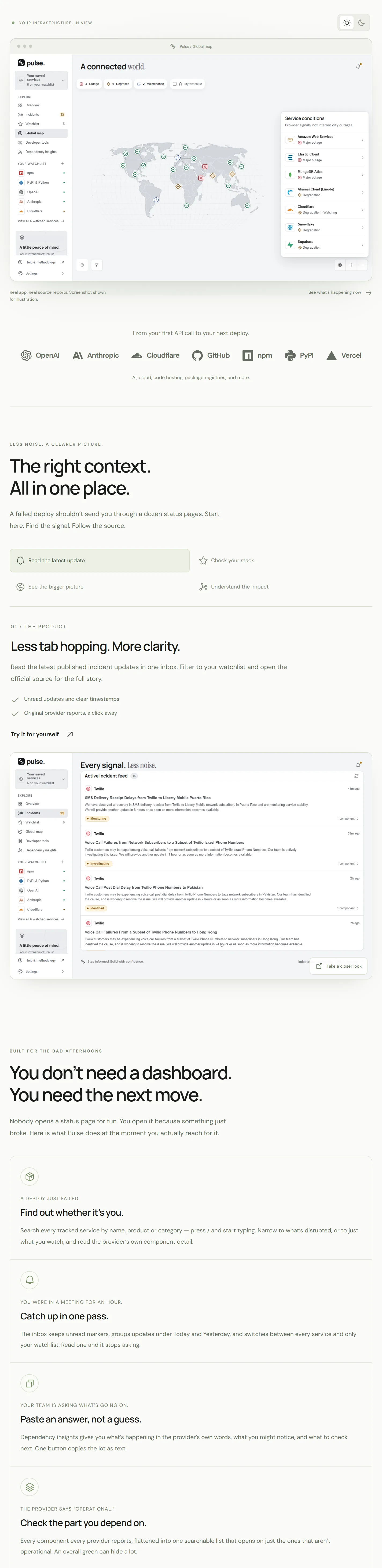 The pulses4u.in landing page at 712px, below its hero: the product shot of the Global map, the provider strip, the tour, and the first four of eight moments, ending at Check the part you depend on.