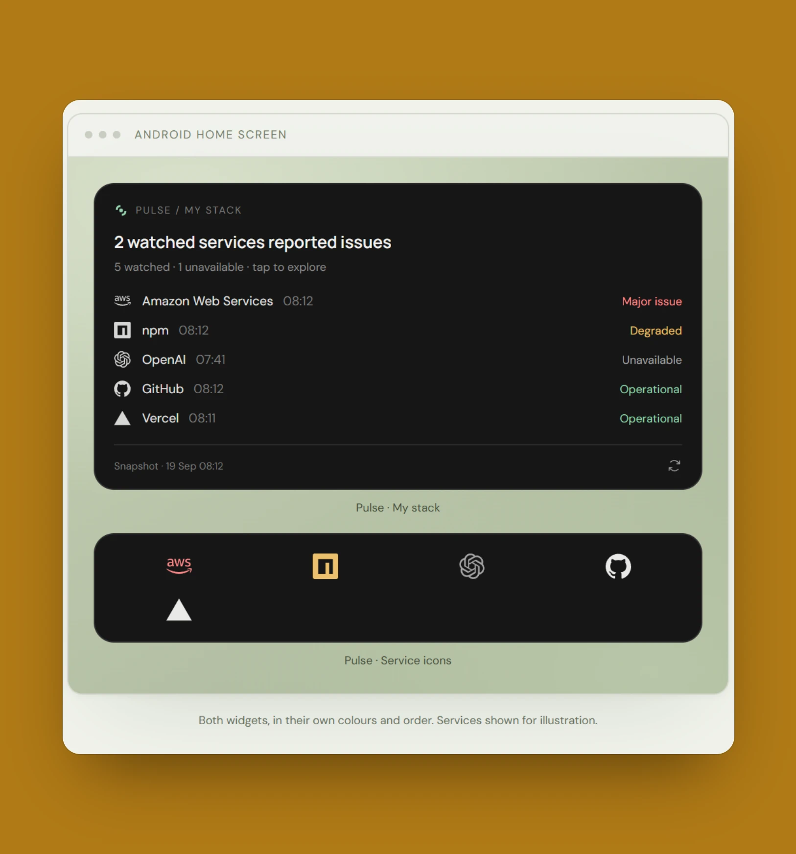 The site's Android home screen art: the Pulse / My stack widget and the Pulse · Service icons widget, captioned Services shown for illustration.