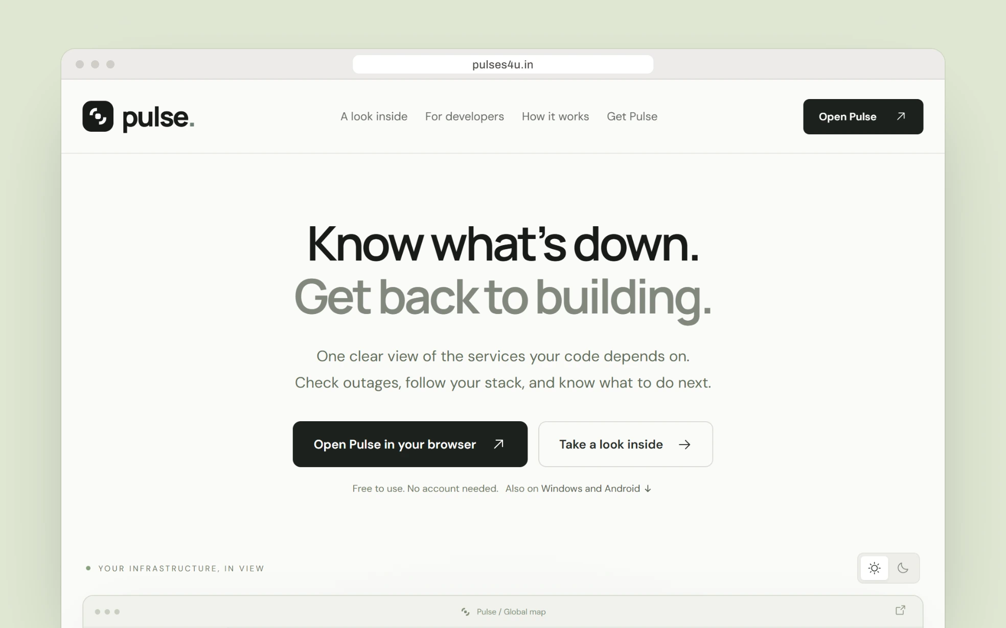 The live site at pulses4u.in: Know what's down. Get back to building., with Open Pulse in your browser and Take a look inside.