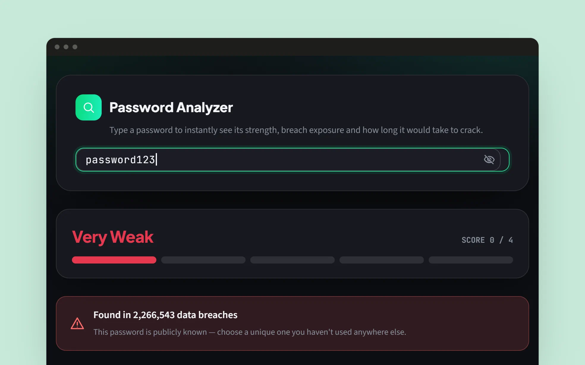 The Password Analyzer with password123 typed in the clear: Very Weak, score 0 of 4, one red bar, and a red banner reading Found in 2,266,543 data breaches.