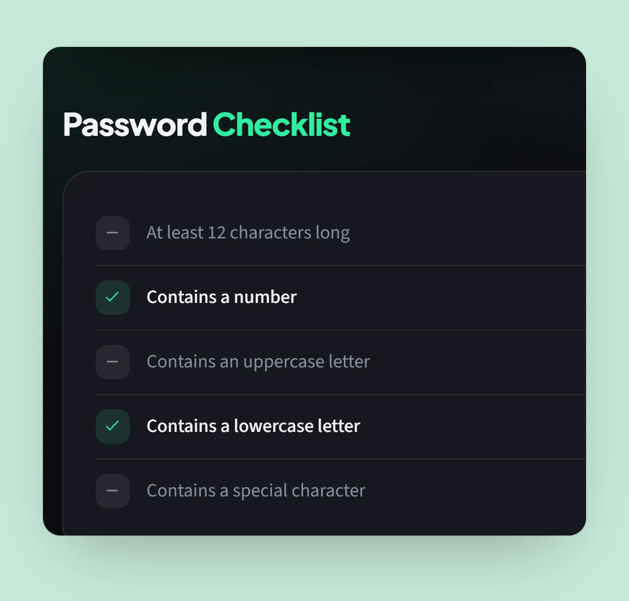 The Password Checklist for password123: Contains a number and Contains a lowercase letter pass; At least 12 characters long, Contains an uppercase letter and Contains a special character fail.