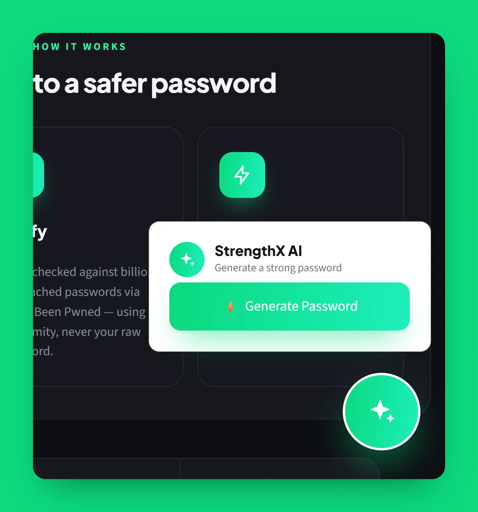 The floating StrengthX AI button opens its popover: Generate a strong password, with one Generate Password button.