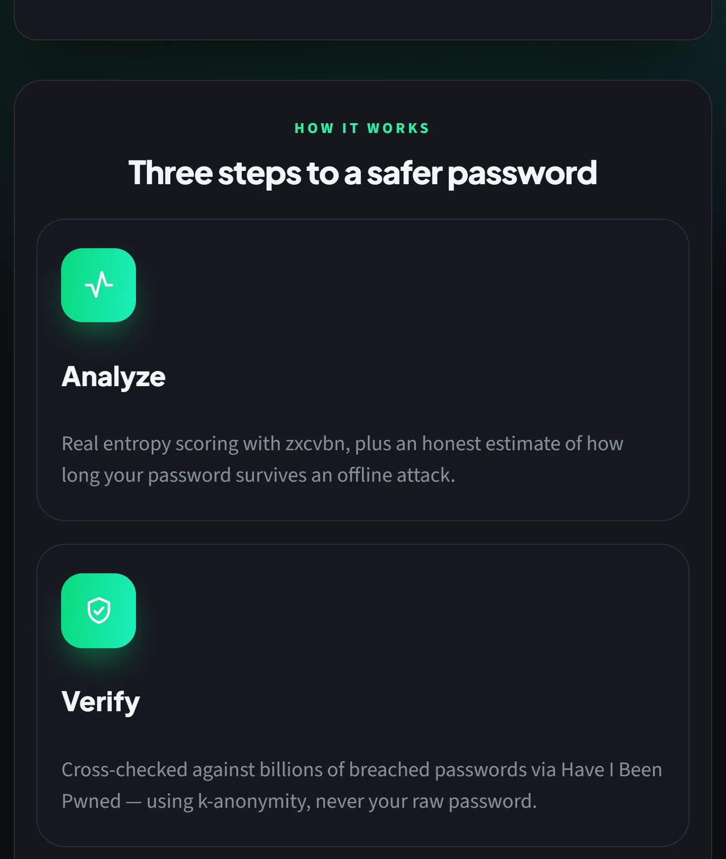 How it works at phone width: Three steps to a safer password, with Analyze, zxcvbn scoring, and Verify, the Have I Been Pwned check by k-anonymity.
