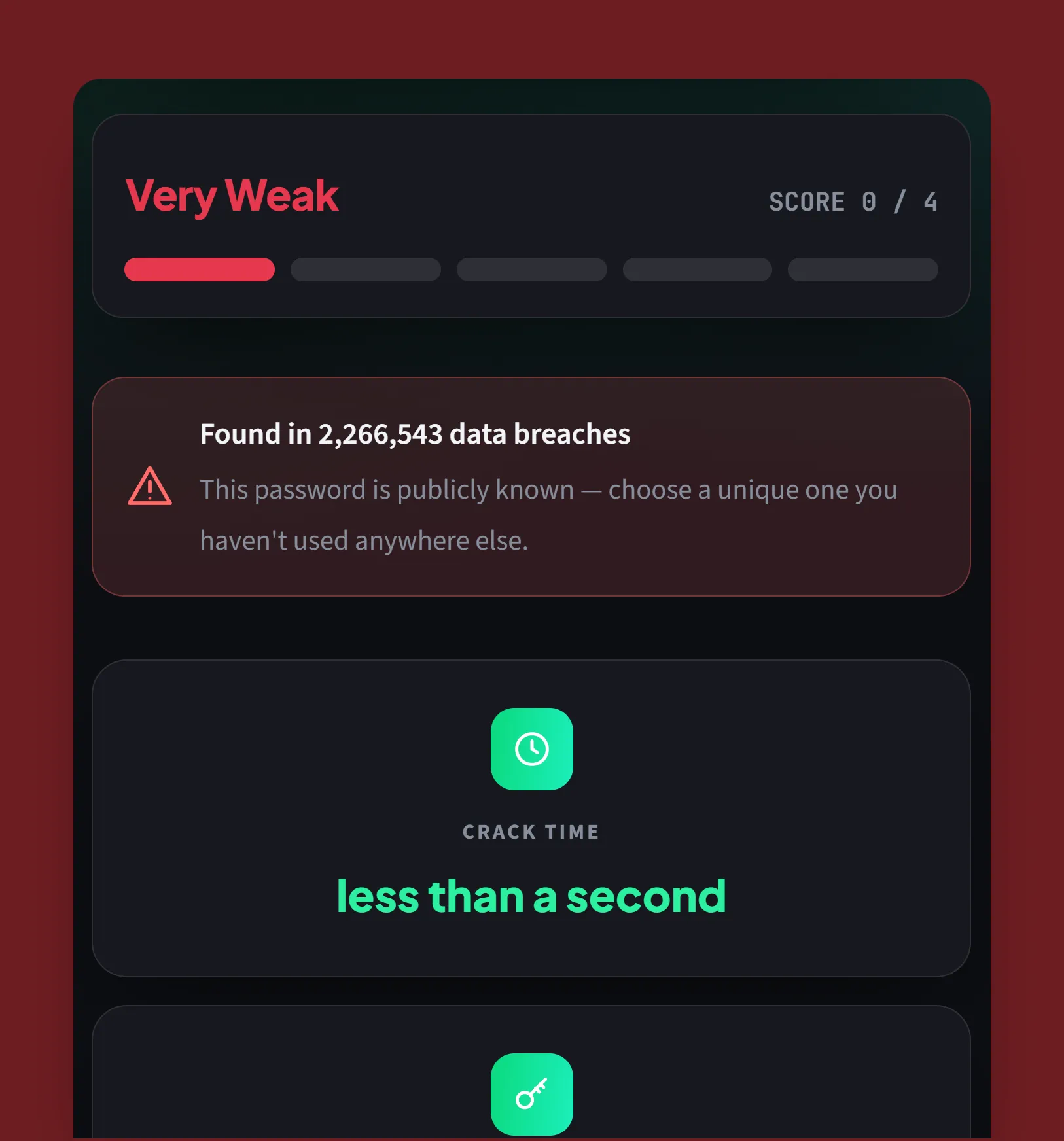 password123 scored at phone width: Very Weak, score 0 of 4, found in 2,266,543 data breaches, and a crack time of less than a second.
