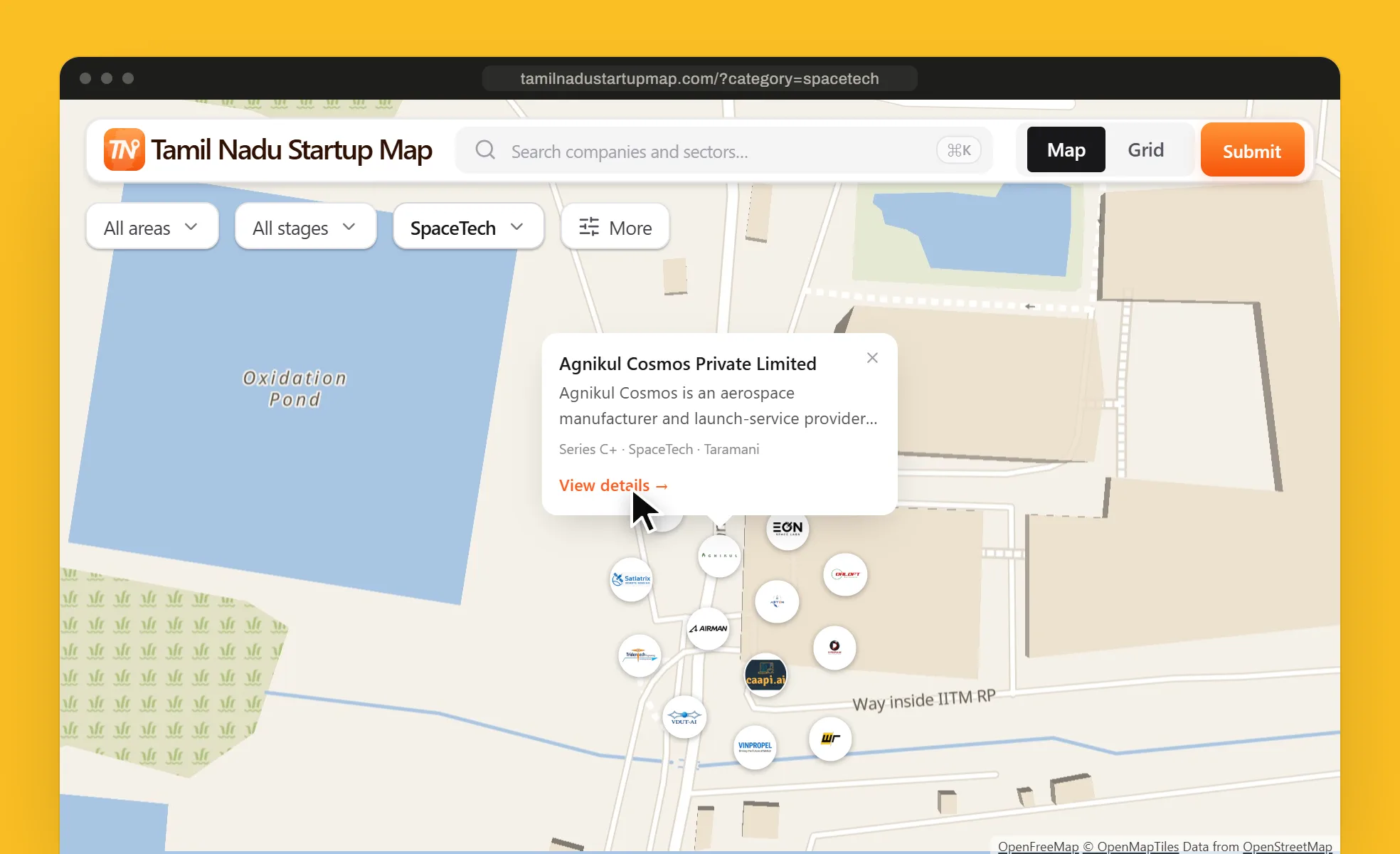 The map zoomed into the IIT Madras Research Park: SpaceTech companies that share the park's one address fan out in rings around it, and the Agnikul Cosmos popup reads Series C+, SpaceTech, Taramani, View details