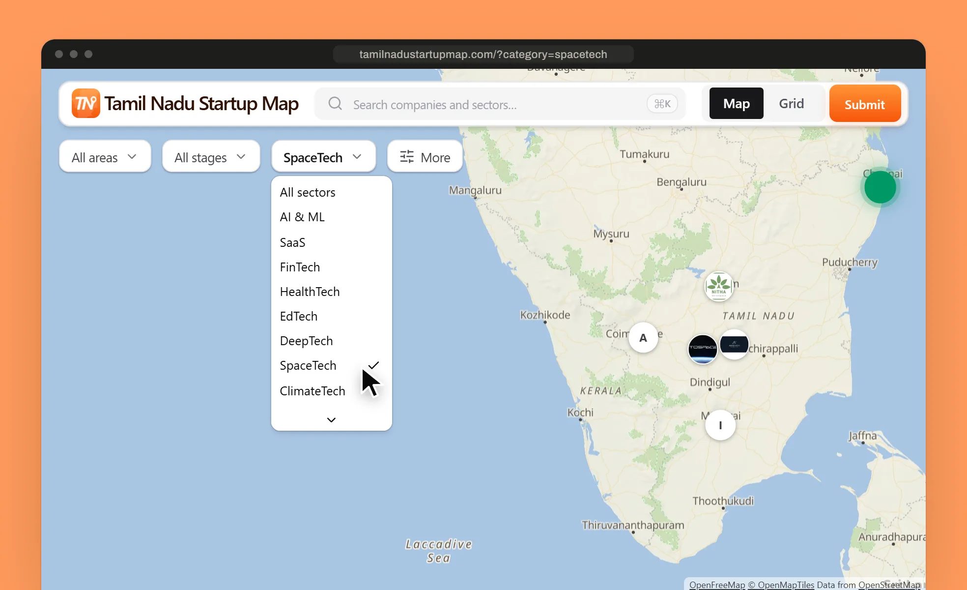 The map filtered to SpaceTech and framed on the whole state, with SpaceTech set in the sector filter: a cluster disc over Chennai, and single company chips in Salem, Coimbatore, Karur and Madurai
