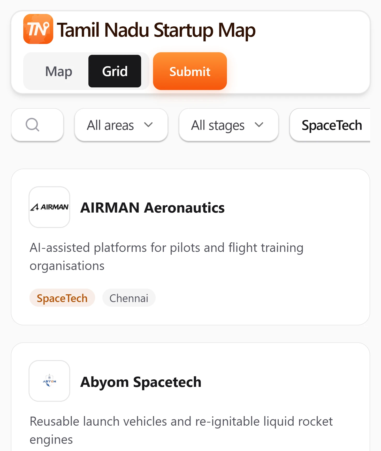 The directory filtered to SpaceTech at phone width: cards for AIRMAN Aeronautics and Abyom Spacetech, each with its logo, one line on what it does, the sector and the city.