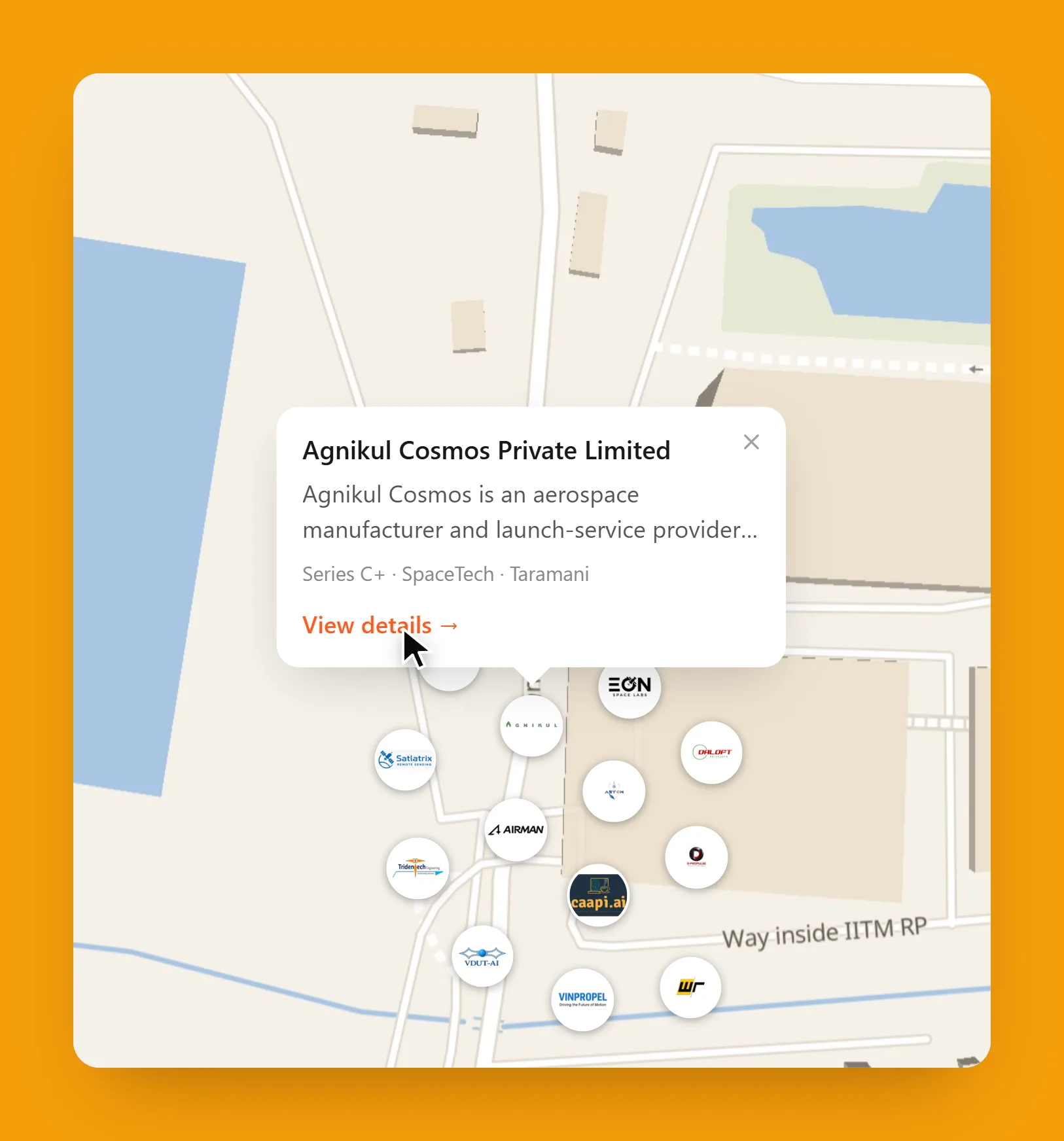 On the map at the IIT Madras Research Park, the SpaceTech companies that share one address fan out, and Agnikul Cosmos's popup offers View details.