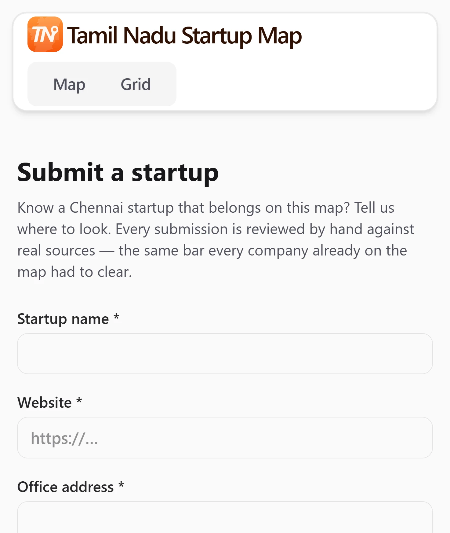 The Submit a startup page at phone width: every submission is reviewed by hand against real sources, then the startup name, website and office address fields.