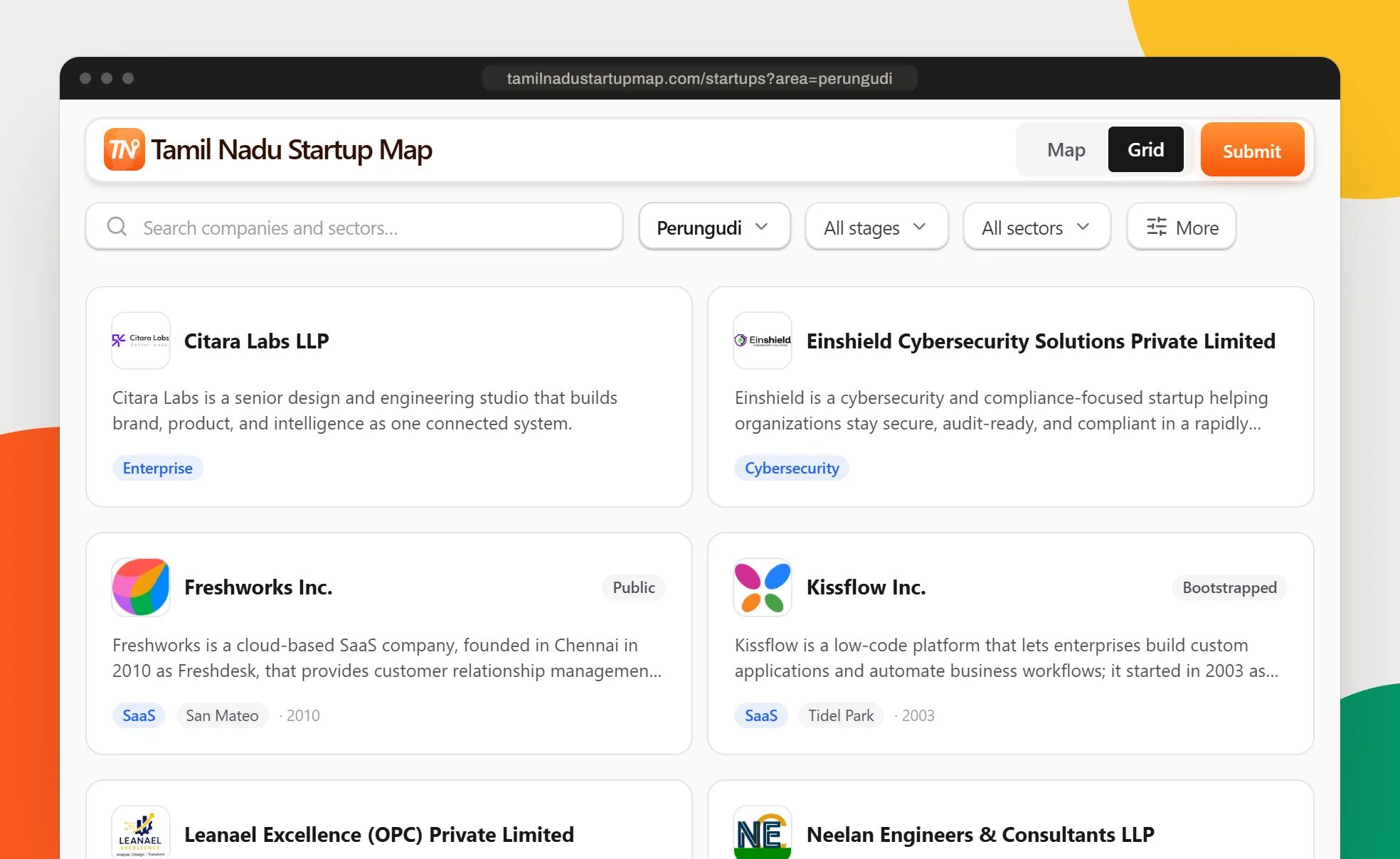 The directory at /startups filtered to one area, Perungudi, with the Grid view pressed: the search box and filter pills, then company cards for Citara Labs, Einshield Cybersecurity, Freshworks, Kissflow, Leanael Excellence and Neelan Engineers, each with its logo, a two-line description and its sector, plus stage, area and year where the record has them